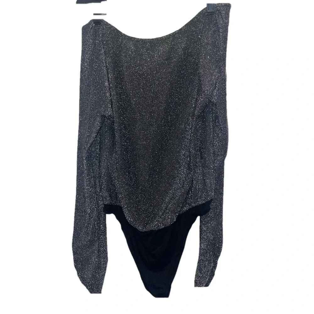 Kori Black Glitter Long Sleeve Bodysuit Shimmer Knit Small Party Cowl Neck